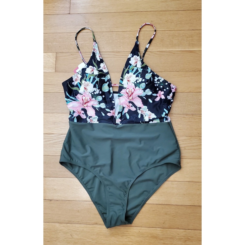 New Women's Deep V Floral Print One Piece Swimsuit Size XL